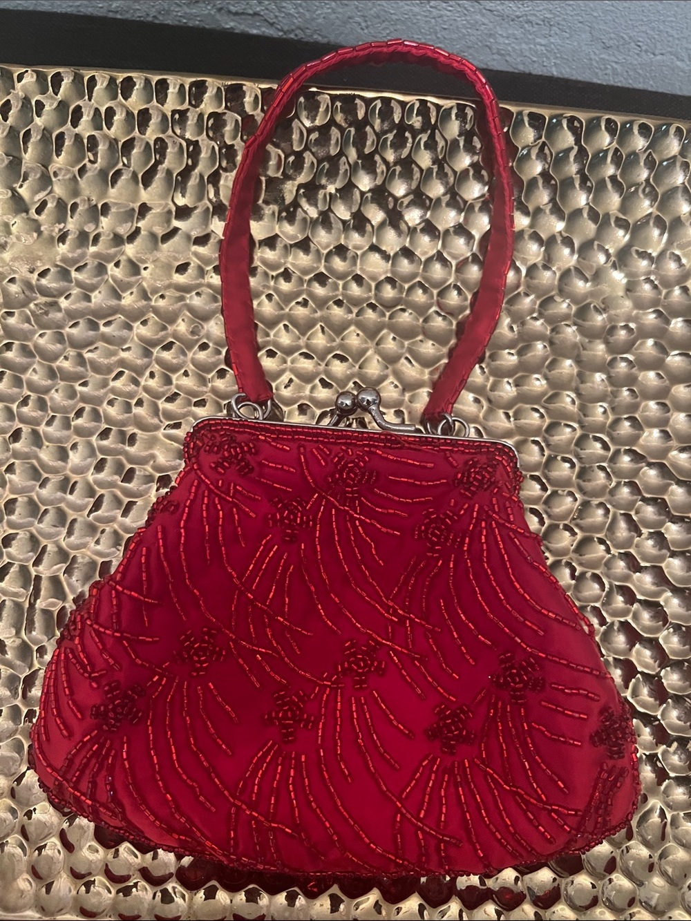 #2363*”7x10” Red Beaded Evening Handbag - Classic Women's Bag